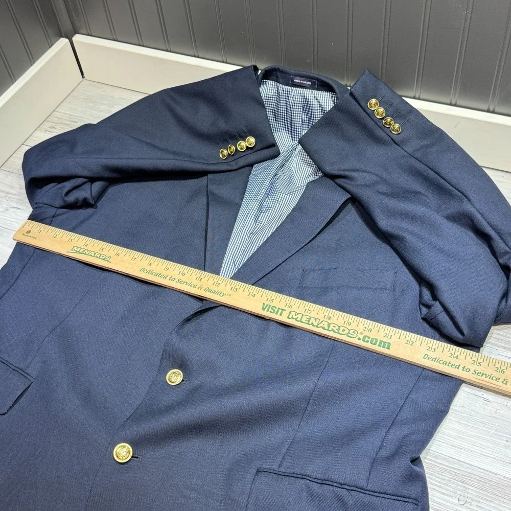Stafford 48R Navy‎ Blue Gold Buttons Blazer Jacket Sport Suit Coat Wool Gingham